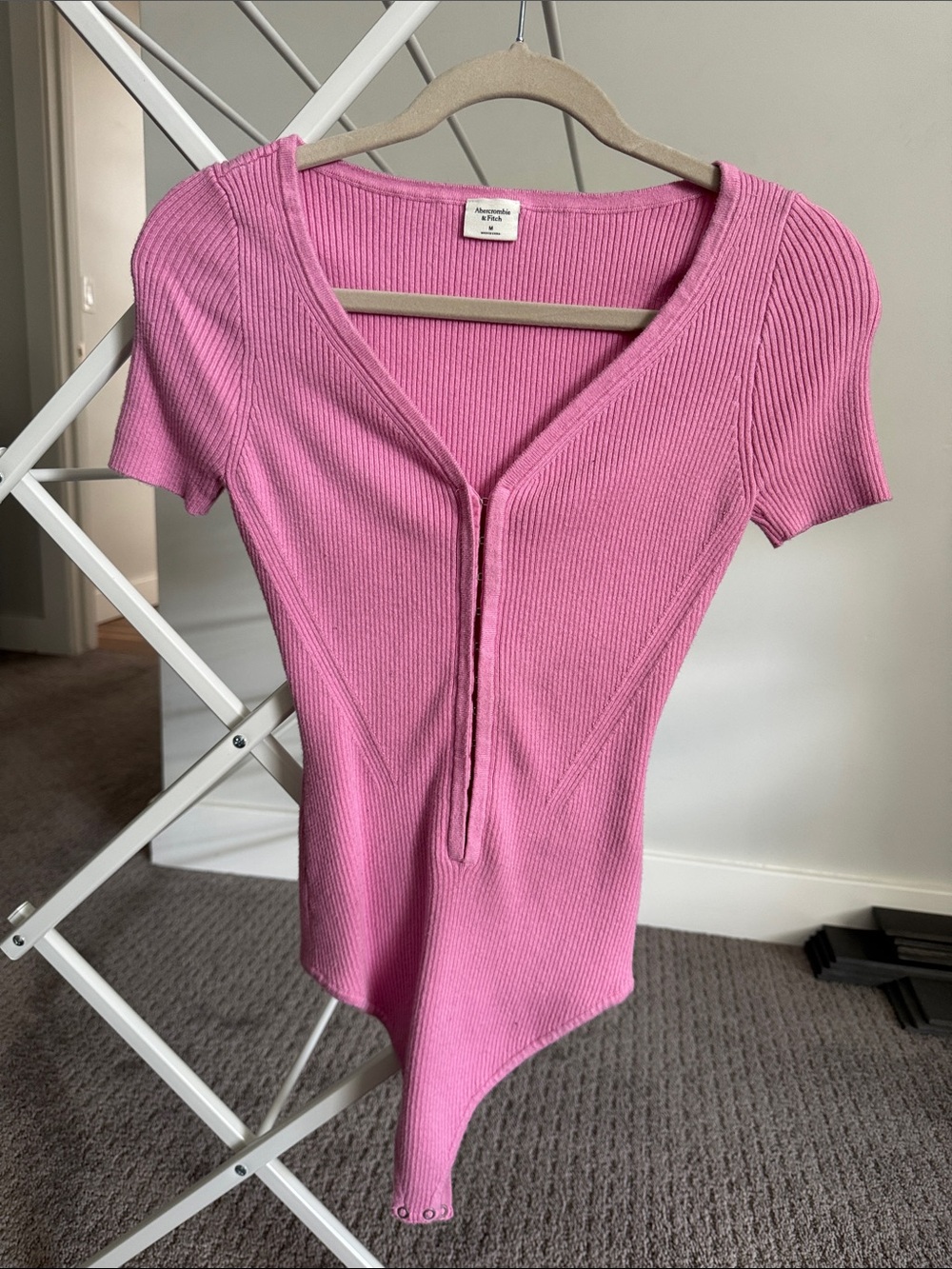 Abercrombie & Fitch Rose Pink Ribbed V-Neck Short Sleeve Bodysuit